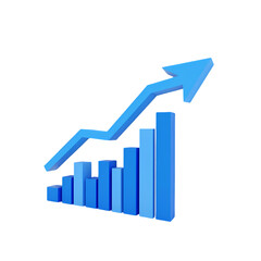 A blue bar graph with an arrow pointing upwards   in a three d render isolated on transparent background