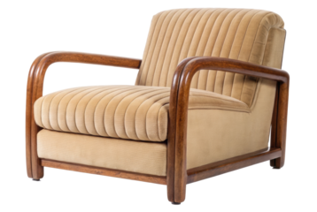 PNG Vintage beige armchair with wooden accents and ribbed upholstery