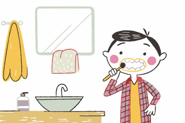 Happy boy brushing teeth in the bathroom with colorful decor, promoting dental hygiene and self-care routines.