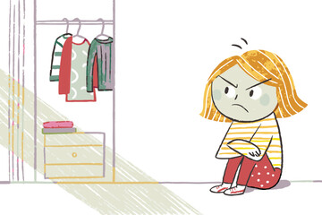 Angry girl sitting on the floor pouting in front of an open closet with colorful clothes, representing frustration and indecisiveness in personal style choices.
