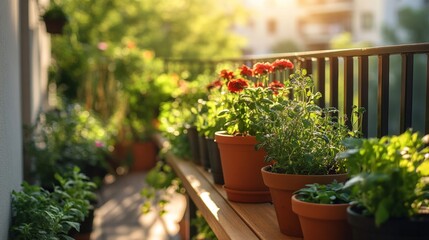 Fototapeta premium Serene Balcony Garden with Colorful Flowers and Vibrant Green Plants in Soft Evening Light