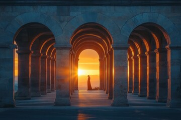 silhouette of a person standing under stone arches at sunset with warm orange light and distant mountains