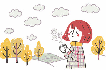 Cheerful girl enjoying a warm drink in an autumn landscape with colorful trees and clouds, representing coziness and tranquility.