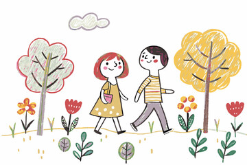 Two cheerful children walking together in a colorful, whimsical garden with trees and flowers, representing friendship and joy in nature.
