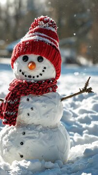 A colorful and whimsical snowman dressed in a cozy knitted hat and scarf stands against a picturesque snowy landscape, perfect for winter holiday decorations and banners.