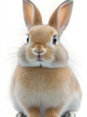 Obraz premium Close-up of a small light brown rabbit with large ears and bright eyes looking straight at the camera against a white background