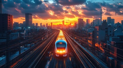 Obraz premium Award-Winning Hyper-Realistic 8K Photo of Train in Motion with Vibrant Urban Sunset, Cinematic Lighting, and Stunning Aerial Cityscape View