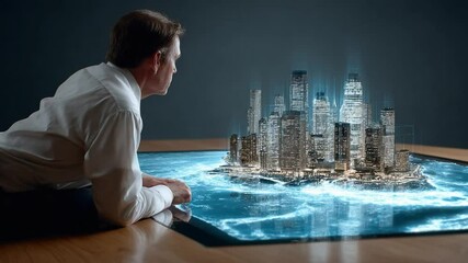 Visionary Gazing: A man leans in, studying an intricate 3D city model, highlighting his innovative mindset and forward-thinking vision in a modern technological landscape.