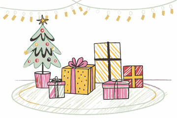 Cheerful Christmas tree surrounded by colorful gifts in a cozy home setting, representing joy and celebration of the holiday season.