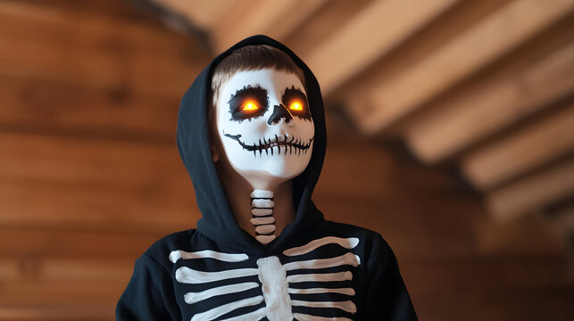 Child dressed as skeleton with glowing face paint and illuminated eyes wearing black hoodie indoors with wooden background, creating spooky and festive Halloween atmosphere
