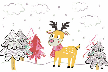 Fototapeta premium Cute Cartoon Reindeer Wearing a Scarf Playfully Standing Among Colorful Trees in a Winter Wonderland, Representing Holiday Cheer and Joy.
