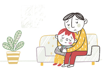 Father and son comforting each other in a cozy living room with a plant, representing love, support, and emotional connection.