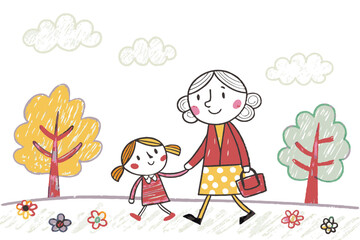 A smiling mother holding hands with her daughter during a walk in a colorful park, symbolizing parental care, family love, and nature appreciation
