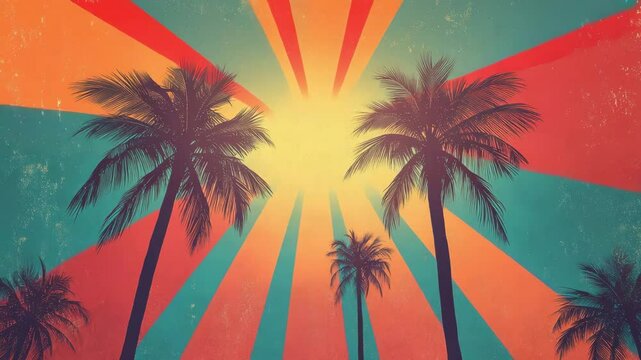 Retro style tropical beach background with palm trees and sunburst. Summer vacation concept with vintage colors and grunge texture for travel and holiday themed designs.