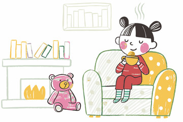 Naklejka premium A cozy girl relaxing with a cup of tea beside a teddy bear in a warm living room filled with books, representing comfort and childhood joy.