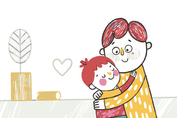 Father and child embracing joyfully in a cozy setting with a leaf plant, symbolizing love, warmth, and family connections.