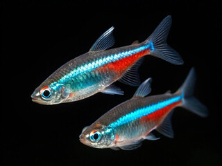 A neon tetra swimming in an aquarium with a black background. Swimming gracefully.
