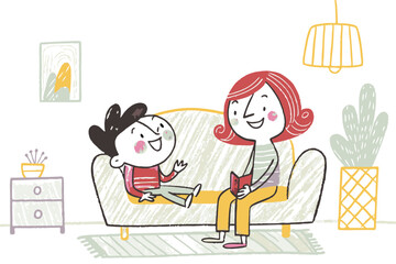 Child happily engaging with a parent while reading a book on a cozy sofa surrounded by a bright, cheerful interior representing family bonding and education.