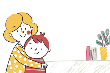 A mother and child embracing joyfully in a cozy living room with plant decoration, representing love, warmth, and family connection.