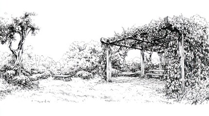 Fototapeta premium Serene garden pergola with benches, leafy trees background; peaceful relaxation scene