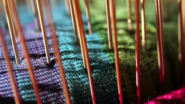 Detailed close-up of traditional weaving on a loom with colorful threads and metal rods used in the process, showcasing craftsmanship and textiles.
