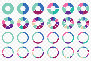 Circle division infographic icon. Pie chart divided six, seven and eight equal parts. 6,7,8 sectors icon. Color infographic flower round diagram. Vector illustration isolated on Transparent background