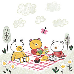 Fototapeta premium Three adorable cartoon bears enjoy a cheerful picnic on a sunny day surrounded by clouds, flowers, and playful nature elements, representing friendship and joy.