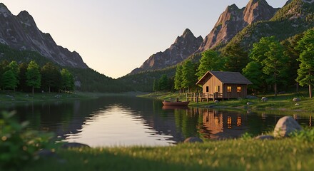 Fototapeta premium Serene Mountain Lake Cabin: A Tranquil Retreat