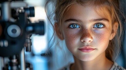 Close-up portrait of a girl with blue eyes and freckles.  She looks directly at the camera