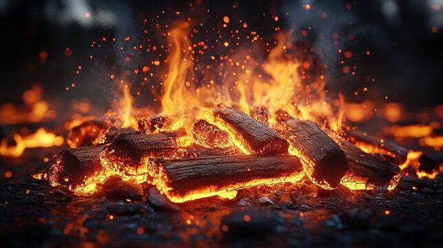 Close-up of glowing hot charcoal embers burning with bright orange flames and sparks in a dark setting