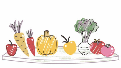 A cheerful collection of cartoon vegetables smiling on a wooden table, showcasing the joy of healthy eating, playful illustration for children's nutrition and educational materials.