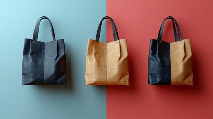 Three stylish handbags against contrasting colorful background