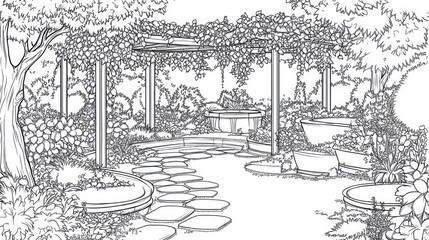 Fototapeta premium Serene garden design stone path, pergola, fountain