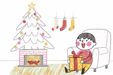 Cheerful child opening a gift in a cozy Christmas living room with a decorated tree and stockings, symbolizing holiday joy and family togetherness.