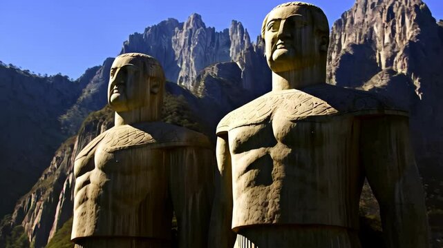 Monumental twin statues of muscular men against a backdrop of steep mountain peaks and green forestation under blue sky.