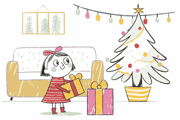 Joyful girl kneeling with a gift in a cozy living room decorated for Christmas, filled with warmth and the excitement of giving.