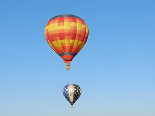 Naklejka premium Colorful Hot Air Balloons Floating Gracefully Over Calm Countryside at Sunset