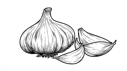 Whole garlic bulb and cloves, isolated on white background, for culinary recipe illustrations
