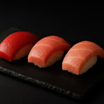 Premium trio of tuna nigiri sushi &mdash; akami, chutoro, and otoro &mdash; arranged on black slate plate with elegant lighting.







