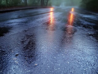 Wet asphalt road surface reflecting orange vehicle lights during rainy and foggy atmospheric conditions with blurred forest surroundings