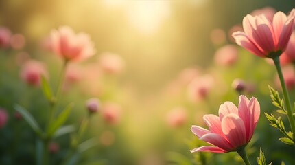 Obraz premium Close-up of pink Anemone coronaria flowers in a field, bathed in soft, golden light. Ideal for spring, nature, or floral-themed projects.