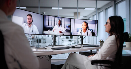 Caucasian Doctors Attending Telehealth Webinar Via Video Conference