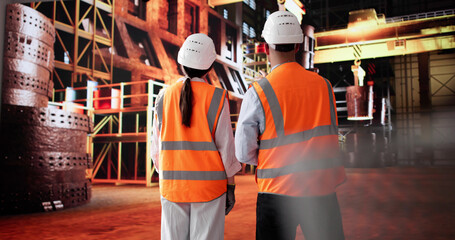 Steel Mill Engineers Discussing Ironwork With Woman In Manufacturing Plant