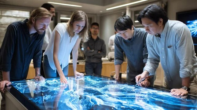 Interactive Table Discussion: A diverse group of professionals collaborate around a state-of-the-art interactive table, sparking innovation and teamwork in a modern setting.