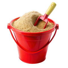 Red plastic bucket filled with sand and a shovel isolated on a transparent background