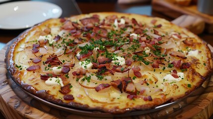 Close up of flammkuchen with bacon, onion, cream and chives on a wooden table