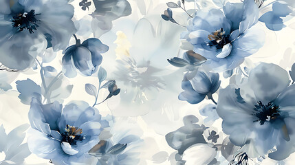 Watercolor floral pattern with blue flowers and leaves on a white background in a soft artistic style .