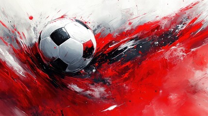 Abstract soccer ball painting red black white dynamic composition