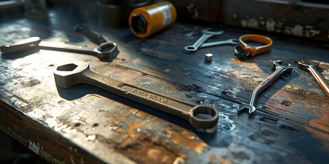 Messy Workshop Bench Featuring Various Tools and Prominent Wrench


