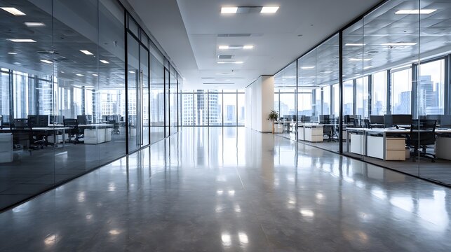 Modern office space features glass-walled rooms and expansive windows, offering a bright work environment with city views and sleek design.